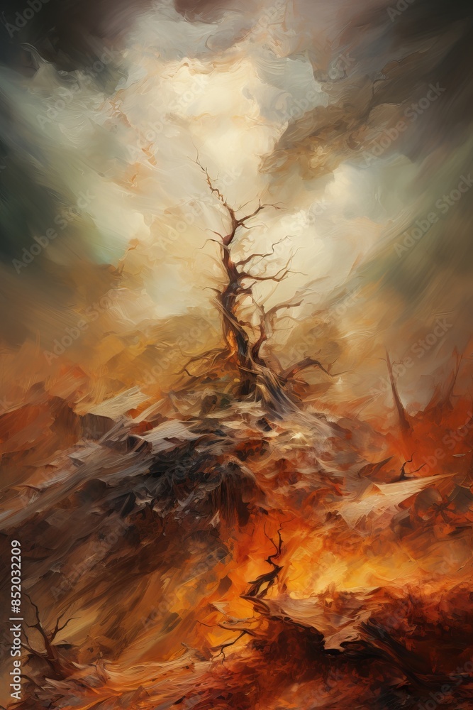 Sticker Twisted tree on a fiery landscape. Concept of surrealism, nature, dramatic scene, fantasy landscape. Oil painting. Metaphorical associative card. Psychological abstract picture. Vertical