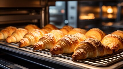 Tray of fresh croissants ready for customers after leaving the oven, perfect for a delightful treat