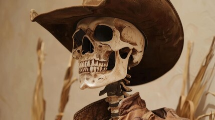 A skeleton sporting a cowboy hat