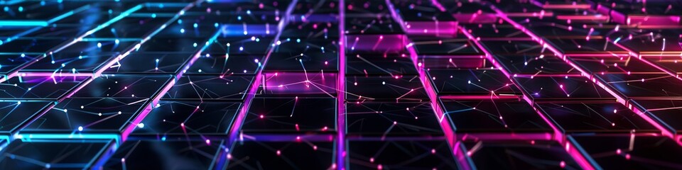 Abstract tech design with a dark grid and broken connections, illuminated by neon glows to emphasize the disruption
