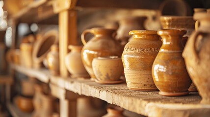 Fototapeta premium Shelves filled with various handmade clay pottery jars and pots in rustic setting