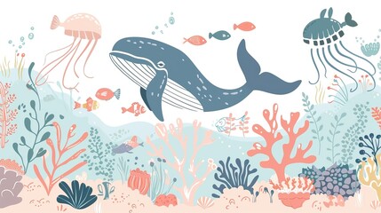 Watercolor style illustration background landscape ocean where whales, penguins, fish and dolphins are swimming in the summer sea. High quality AI generated image