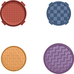 Manhole icons set cartoon vector. Road hatch of different shape and color. City construction