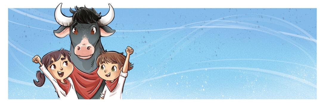 Children celebrating San Ferm&iacute;n happy with a bull