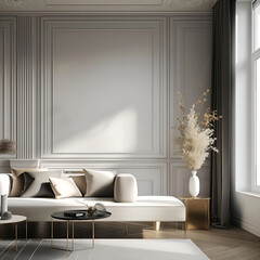Aesthetic elegant modern luxury minimalist interior design. Living space of the apartment with mouldings on the walls. Copy space in the room. Neutral palette of natural colors.