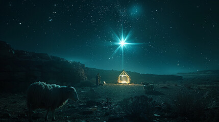 The Christmas star in the night sky and the stable of the Nativity with sheep. Bethlehem night, Christian Christmas illustration