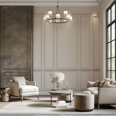 Aesthetic elegant modern luxury minimalist interior design. Living space of the apartment with mouldings on the walls. Copy space in the room. Neutral palette of natural colors.