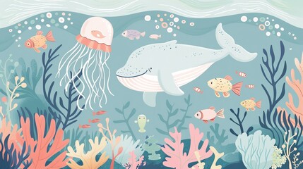 Fototapeta premium Watercolor style illustration background landscape ocean where whales, penguins, fish and dolphins are swimming in the summer sea. High quality AI generated image