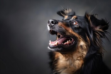 Fototapeta premium A close-up photo of an Australian Shepherd dog with its mouth open, looking up excitedly