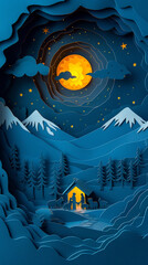 Christmas 3D paper background with a nativity scene of the Bethlehem night. Christian illustration