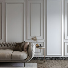 Aesthetic elegant modern luxury minimalist interior design. Living space of the apartment with mouldings on the walls. Copy space in the room. Neutral palette of natural colors.