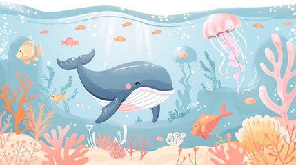 Naklejka premium Watercolor style illustration background landscape ocean where whales, penguins, fish and dolphins are swimming in the summer sea. High quality AI generated image