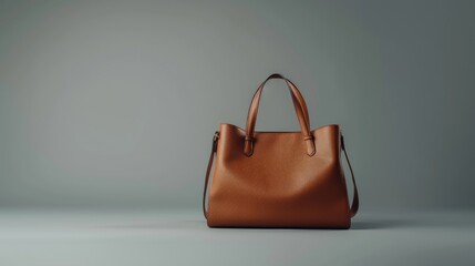Stylish brown handbag with straps in motion on a gray backdrop Minimalist design for women s fashion promotion Ideal for showcasing trendy accessories and creating designs