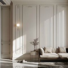 Aesthetic elegant modern luxury minimalist interior design. Living space of the apartment with mouldings on the walls. Copy space in the room. Neutral palette of natural colors.