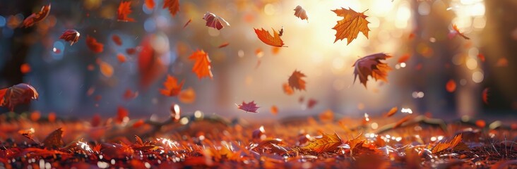 Fototapeta premium Autumn Leaves Falling in Sunlight on a Forest Floor