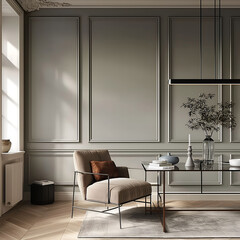 Aesthetic elegant modern luxury minimalist interior design. Living space of the apartment with mouldings on the walls. Copy space in the room. Neutral palette of natural colors.