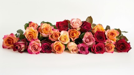 A stunning assortment of vibrant two toned roses set against a pristine white backdrop
