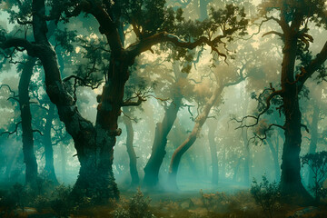 Enchanted forest cloaked in mist, where ancient trees weave tapestry of greens and earth tones, hidden beneath veil of early morning fog.