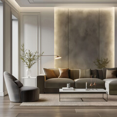 Aesthetic elegant modern luxury minimalist interior design. Living space of the apartment with mouldings on the walls. Copy space in the room. Neutral palette of natural colors.