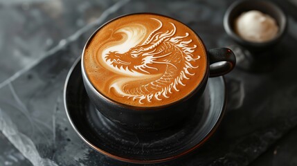Mythical Dragon Latte Art in Dark Ceramic Cup and Saucer
