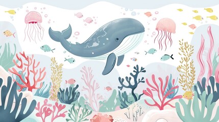 Fototapeta premium Watercolor style illustration background landscape ocean where whales, penguins, fish and dolphins are swimming in the summer sea. High quality AI generated image