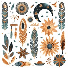 Boho Sun, Moon, and Feather Stickers