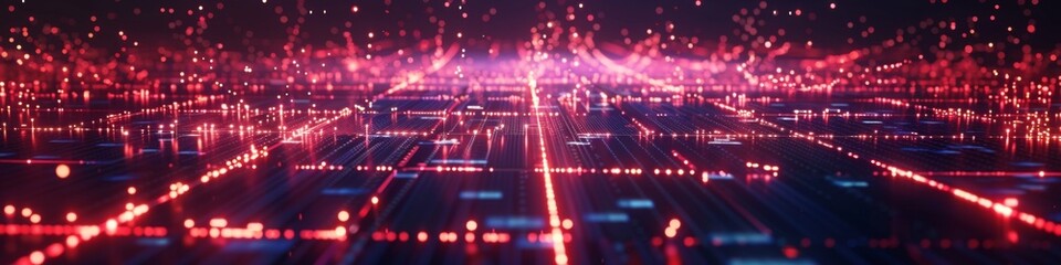 Naklejka premium Abstract dark background with a fragmented grid and broken connections, highlighted by scattered neon glows for a tech-inspired look