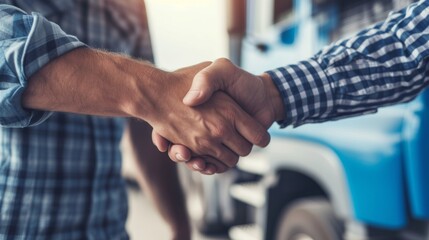 A truck driver warmly shakes hands with a fleet manager, symbolizing a successful partnership in the transportation industry.
