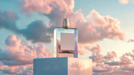 Perfume bottle mockup with white blank label stands on podium against beautiful background for branding product presentation