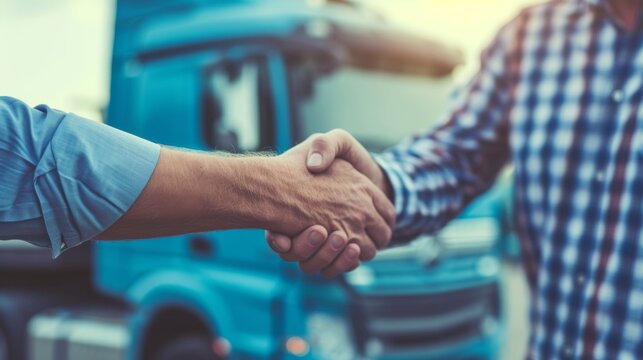 A truck driver warmly shakes hands with a fleet manager, symbolizing a successful partnership in the transportation industry.
