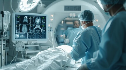 An interventional radiology surgeon performs a catheter-based treatment using X-ray visualization.