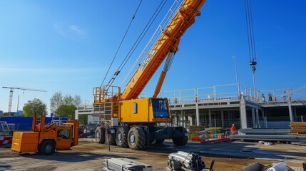 Mobile crane with its boom raised stands outdoors