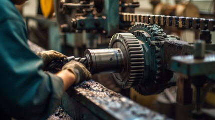 Obraz premium A metalworking process involves machining a gear wheel with oil lubrication, ensuring smooth and precise operation.