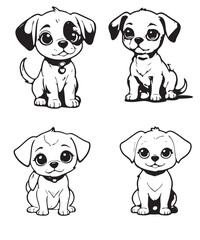 cute dog, big cute eyes, cartoon style, simple outline and shapes, coloring page black and white comic book flat vector, white background