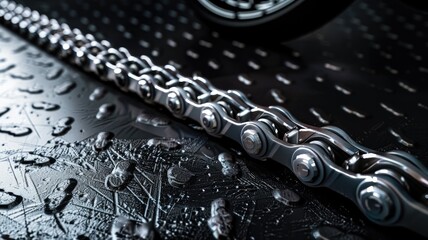 Close-up of wet bicycle chain on metallic surface