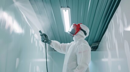 A painter worker uses an airless painting sprayer to evenly cover a ceiling surface in white