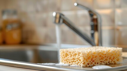 Yellow sponge on kitchen sink with running water