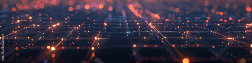 Poster dark background with a fragmented grid and broken connections, highlighted by sporadic neon glows fo