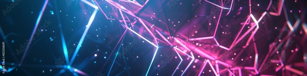 Poster dark background with a broken polygonal grid, illuminated by minimalistic neon lights, giving a chao