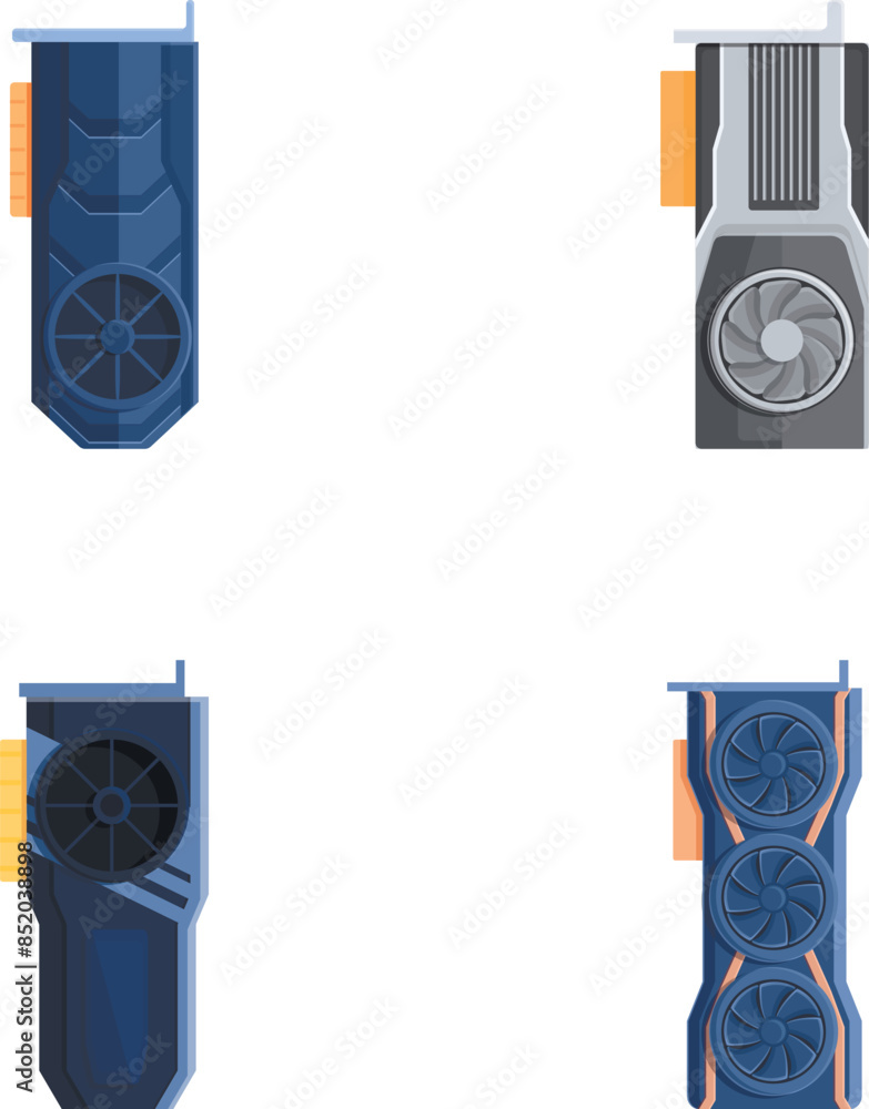 Poster graphic card icons set cartoon vector. computer graphic card with cooling fan. personal computer com