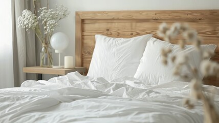 Cozy bedroom with wooden headboard, white bedding, flowers on nightstand