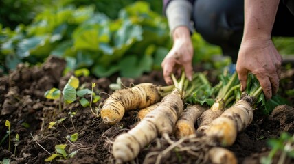 Person harvesting fresh parsnips from garden Outdoors