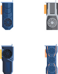 Graphic card icons set cartoon vector. Computer graphic card with cooling fan. Personal computer component
