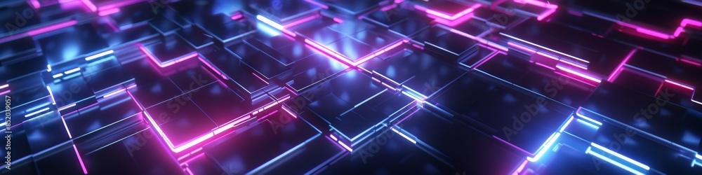 Poster dark background with a broken polygonal grid, illuminated by minimalistic neon lights, giving a chao