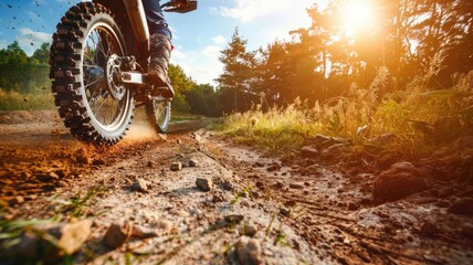 Motorcyclist rides off-road bike on dirt path, sunny day