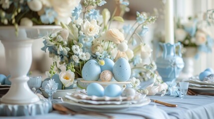 Celebrating Easter with Blue Easter Eggs Spring Flowers Desserts and Holiday Dinner