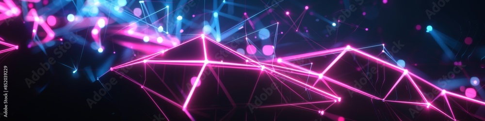 Poster dark background with a broken polygonal grid, illuminated by minimalistic neon lights, giving a chao