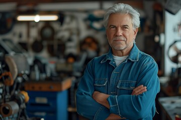 Fototapeta premium Confident senior man in denim standing in workshop, mechanic concept