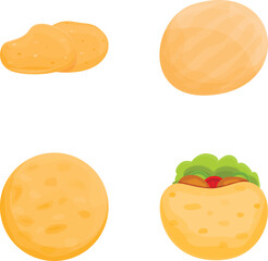 Tortilla bread icons set cartoon vector. Ingredient for cook burrito and taco. Street food
