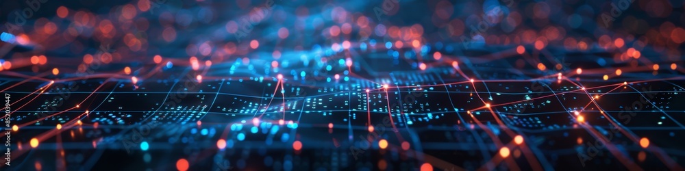 Poster broken grid connections on a dark, abstract background, with neon highlights adding a futuristic and